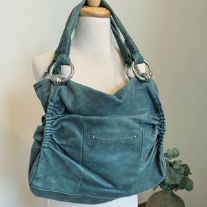 B Makowsky Blue Leather Slouchy Tote Y2K Leopard Lining Shoulder Bag